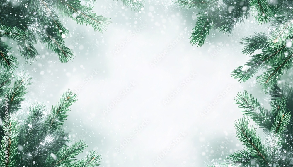 Poster the image shows several snow-dusted pine branches arranged around a white background, with falling s