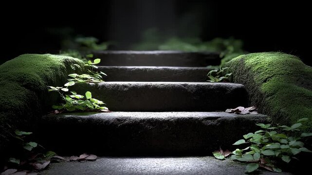 Mossy Stone Steps Extending in Mysterious Light