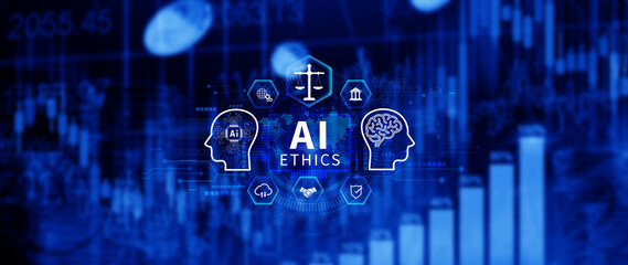 AI ethics expert guides the way, balancing artificial intelligence with humanity, Icons related AI ethics, symbols of legal scales, security, ethical standards and regulations in AI technology.