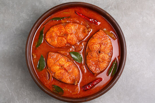 Top view of spicy and hot king fish curry Kerala Indian food stock photo