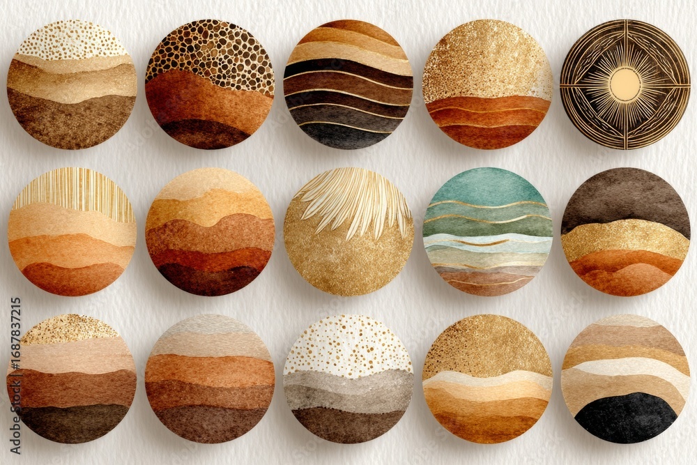 Poster a collection of round buttons with various textures and colors, including brown