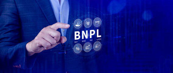 BNPL, Buy Now Pay Later concept. using with icons of BNPL with online shopping icons technology. BNPL buy now pay later online shopping concept.
