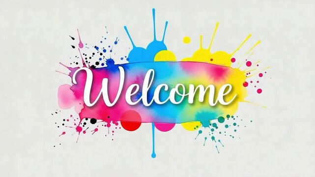 A vibrant watercolor splash with the word welcome in elegant white script