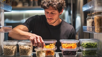 Man organizing food in clear plastic containers in a well-lit kitchen.
