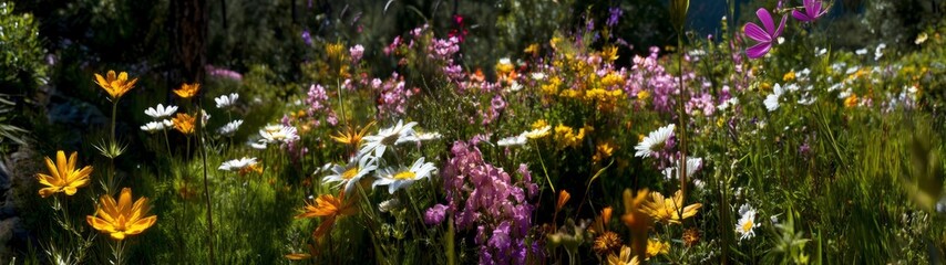 Vibrant wildflower bloom natural meadow landscape photography springtime wide-angle view beauty of nature