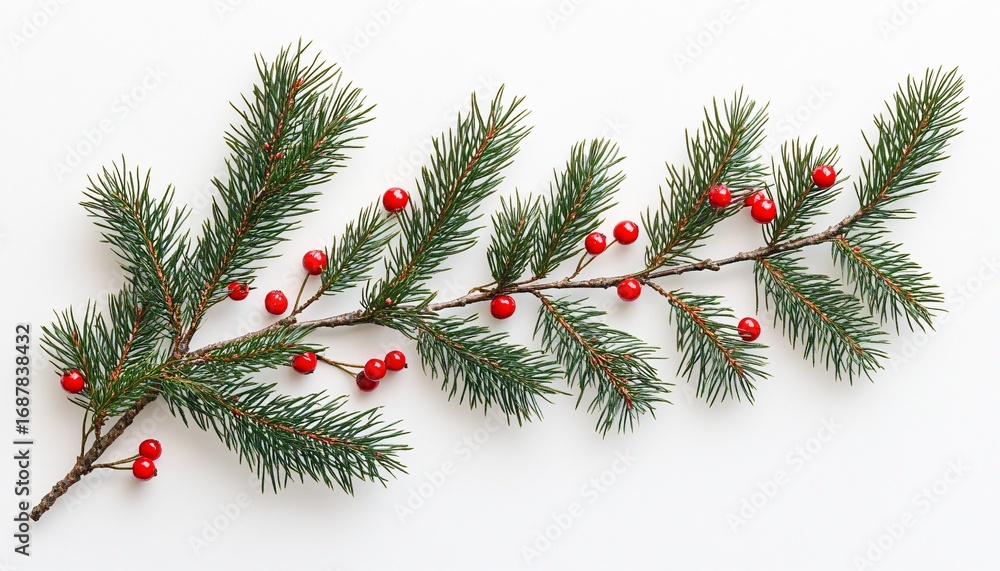 Poster the image shows a branch of a coniferous tree decorated with shiny red berries, arranged on a white 