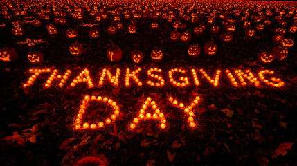 Illuminated Thanksgiving Day message; glowing candles spell out phrase amidst carved pumpkins, autumn leaves.