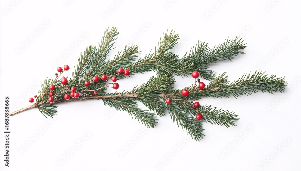 Aufkleber a long fir branch with small red berries is displayed on a white background; the image is well-lit a