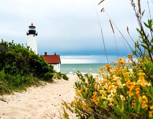 Coastal lighthouse, sandy path, cloudy sky