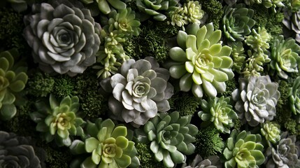 A vibrant close-up of a living wall featuring an array of green and grey succulent plants interspersed with lush moss, creating a beautiful natural texture.