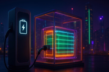 Obraz premium Futuristic Energy Cube Charging Station: Neon Cityscape Background