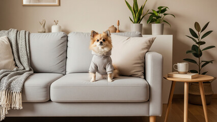 Pomeranian dog wearing a hoodie sits on a modern grey sofa in a stylish living room.