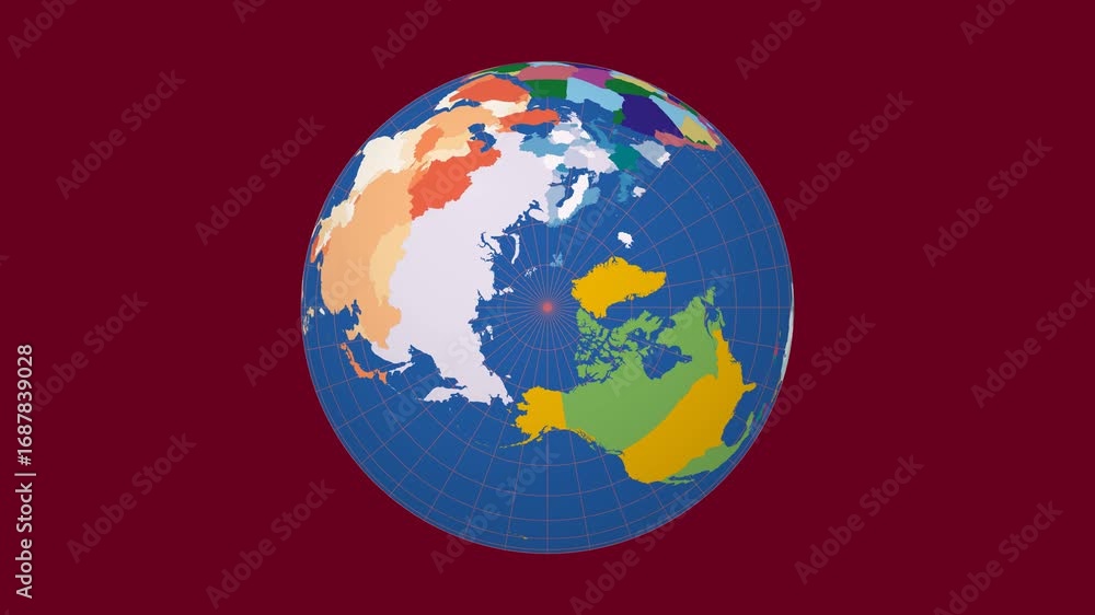 Aufkleber spinning planet. north pole sphere view. slow speed earth rotation. colored countries style. world m
