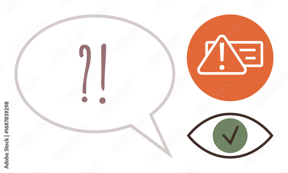 Poster speech bubble with question and exclamation marks, warning triangle, and verified checkmark in an ey