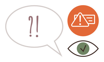 Speech bubble with question and exclamation marks, warning triangle, and verified checkmark in an eye. Ideal for communication, caution, verification, decision-making, dialogue, feedback simple flat