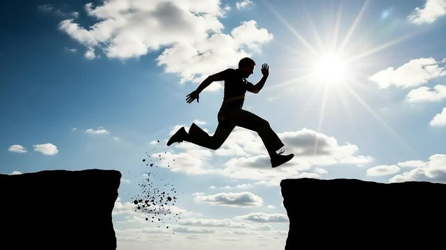 Silhouette of a man leaping across a gap between two cliffs against a bright, sunlit sky with clouds
