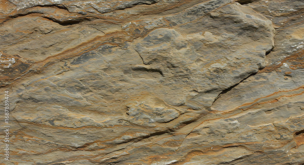 Poster close up of a rock face with layers of sediment and mineral deposits creating a textured surface