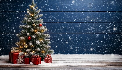 A small, snow-covered Christmas tree with warm white lights stands next to red presents on a rustic wooden surface against a dark blue wood backdrop with falling snow.