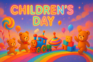 Fototapeta premium Joyful Children's Day Illustration: Teddy Bears, Toys, Rainbow, Whimsical Style