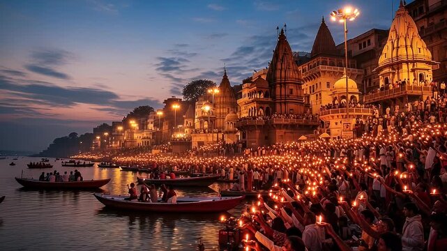 Varanasi Ganga Aarti Ceremony at Sunset in India with Boat and Temple and Night Sky with Warm Orange Light