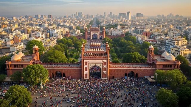 Vibrant Aerial View of Jama Masjid Mosque in Delhi India Featuring a Large Crowd of People and an Expansive Cityscape Under a Bright Sky