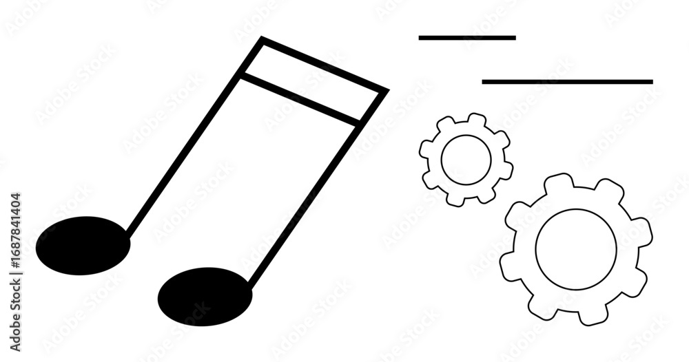 Poster music note paired with two gears and lines, blending art and mechanics. ideal for music production, 