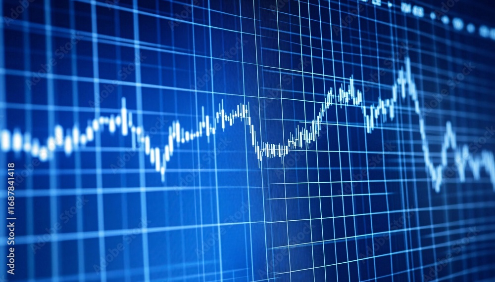 Poster the image shows a close-up view of a blue stock market chart displayed on a screen with a grid backg
