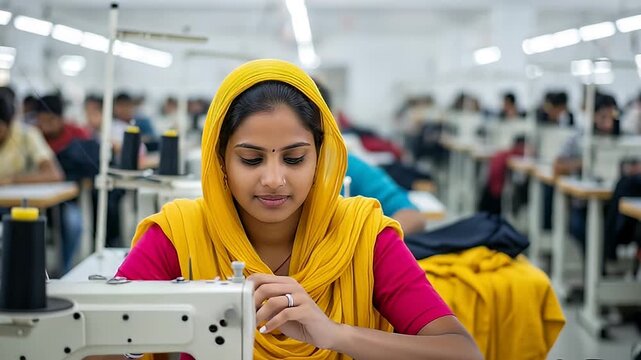 Young Woman in Pink Shirt and Yellow Scarf Sewing at Industrial Sewing Machine in Brightly Lit Factory with Rows of Workers in Background
