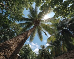 Sun-drenched palm trees, abundant leaves, quintessential tropical image - coconut beach areca