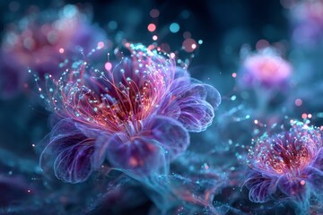 Fototapeta premium Colorful and luminous flowers bloom in an ethereal garden at twilight
