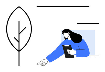 Woman with long hair holding clipboard while pointing minimalist tree art. Ideal for teamwork, decision-making, sustainability, education, management, workflow, simple landing page