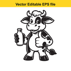 Cartoon cow holding milk bottle and giving thumbs up, isolated on white background
