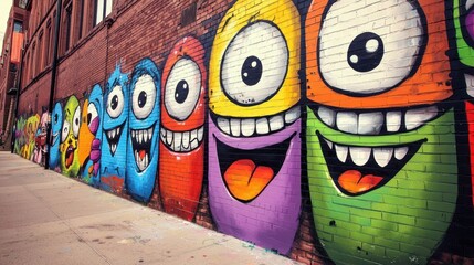 Fototapeta premium Colorful cartoon graffiti mural on brick wall.