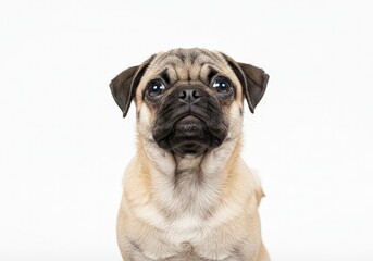 Fototapeta premium Adorable Fawn Pug with Pleading Eyes Gazing Upward in a High-Key Studio Portrait.