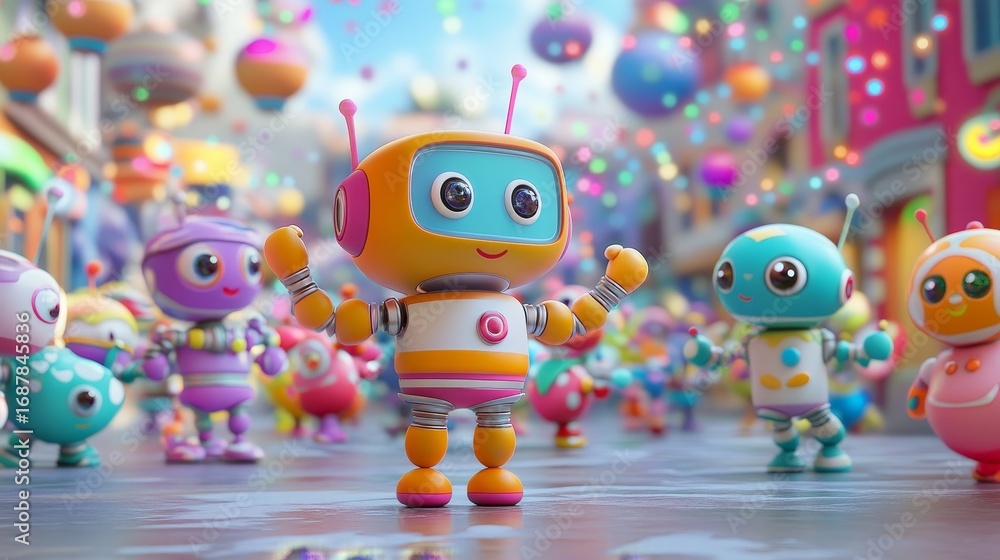 Poster two adorable robots are dancing surrounded by vibrant, abstract shapes and a celestial background