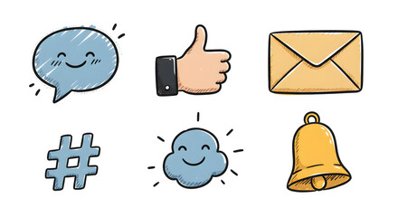 Social Media Icon Set Hand Drawn | Cute Communication Symbols for Marketing and User Interface Design
