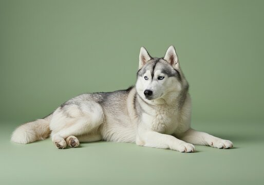 Majestic Grey and White Siberian Husky Resting Gracefully on a Muted Sage Green Background.