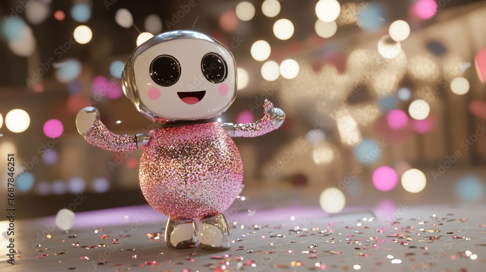 Poster a cheerful robot from the retro era dances with a sparkling disco ball surrounded by colorful confet