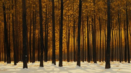 Winter's embrace snowy forest scene with golden light filtering through tall bare trees