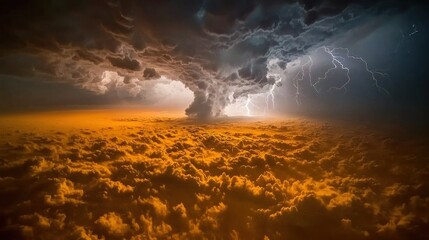 Naklejka premium Dramatic sunset with lightning striking a massive storm cloud.