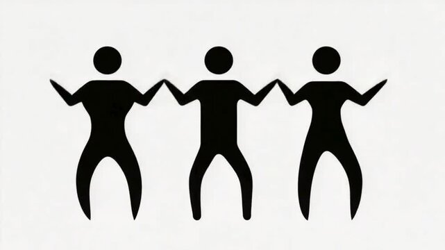 Minimalist people icons holding hands, black silhouette human figures in a row, community and teamwork concept illustration on white background