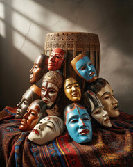 Collection of carved wooden masks displayed against patterned fabric and drum