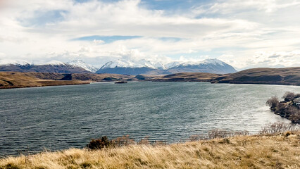 Scenery of lake Alexandrina an alpine lake neighbouring Lake Tekapo