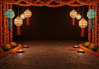 Sacred Diwali Stage Framed by Marigold Garlands and Glowing Kandil Lanterns.