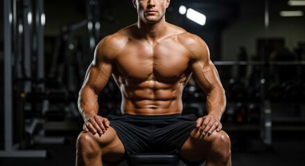 Fototapeta premium Powerful Athlete with Chiseled Abs and Intense Gaze in a Gritty Gym.