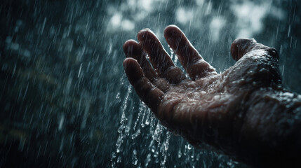 Hand reaching out under heavy rain, droplets cascading down, creating serene and refreshing atmosphere. image captures beauty of nature and feeling of connection with elements