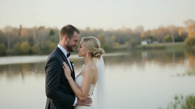 Young and beautiful wedding couple stands together near river or lake. Action. Lovely groom and bride on their wedding day.