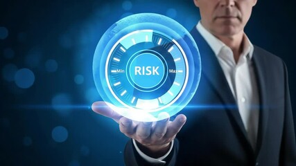 Businessman presents a hologram of risk management, showcasing the importance of business strategy, planning, and risk assessment for success