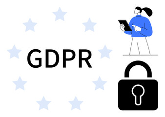 GDPR text with padlock symbol, stars, and professional using a tablet. Ideal for privacy, data protection, legal compliance, technology, European Union, cybersecurity simple landing page
