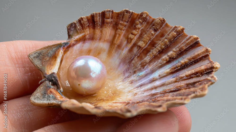 Poster beautiful seashell holds lustrous pearl, showcasing intricate textures and natural colors. delicate 